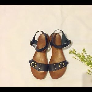 Navy blue and brown leather sandals